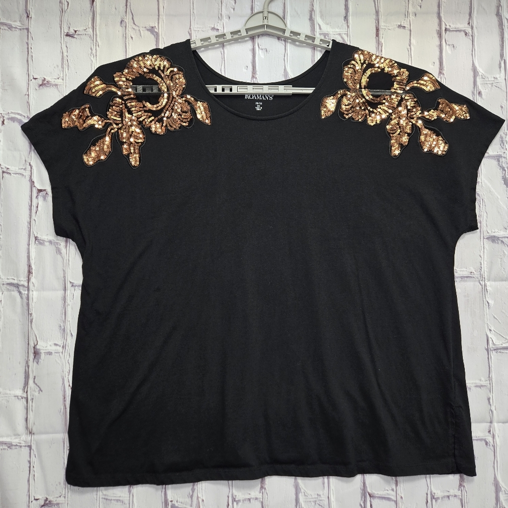 Roaman's Short Sleeve Top‎ 30/32 3x Womens Plus Size Black Sequence Pullover